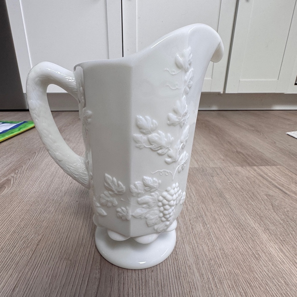 Vintage WESTMORELAND White Milk Glass Footed Water Pitcher Paneled Grape